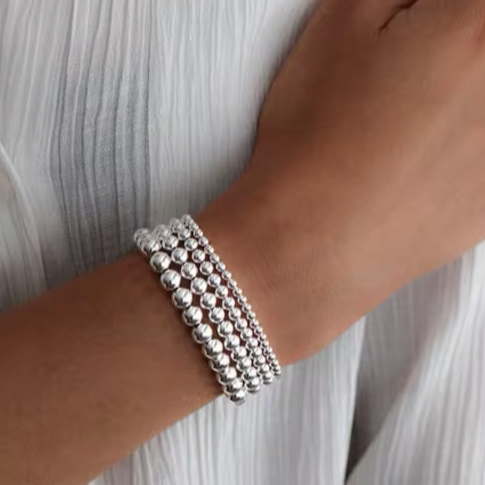 Silver Beaded Bracelet Water Resistant Non Tarnish
